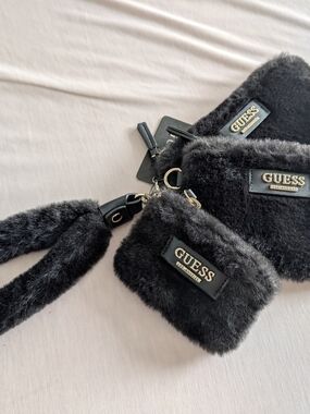 GUESS Black Faux Fur Mini Wristlet Set with Gold Logo